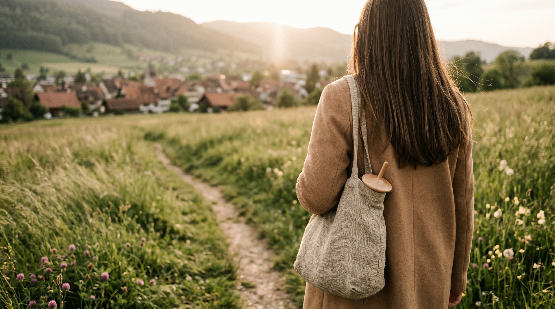 Frau im Kamelmantel mit Leinentasche und Kreisel blickt bei Sonnenaufgang über ein Tal mit Dorf